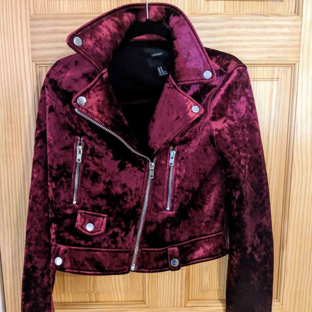 Red crushed velvet moto jacket